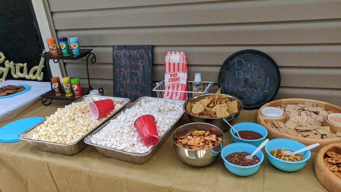 The chips, dips, and popcorn bar in all of their delicious glory!