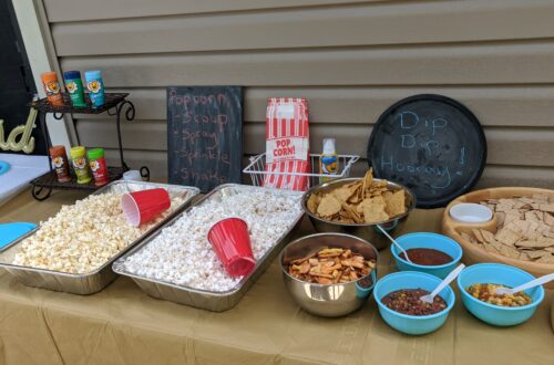 The chips, dips, and popcorn bar in all of their delicious glory!