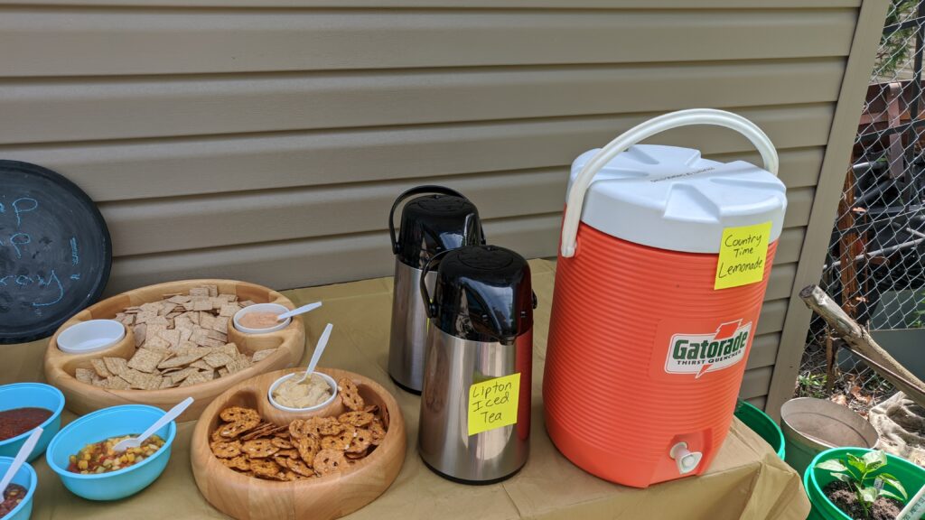 Thirsty? The lemonade and iced tea stayed nice a cold! (I love my airpots!) With the salty goodness next to them, those drinks were very important!