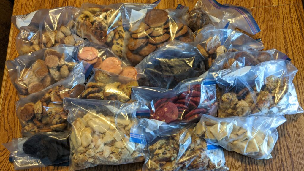 These are most of the cookie and fudge leftovers. Most! There were still some additional bags of fudge and assorted cookies in a different freezer! I mentioned that I baked A LOT of cookies. That was not an understatement.