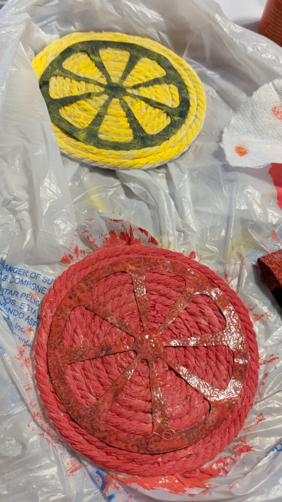 The grapefruit and lemon coasters drying.