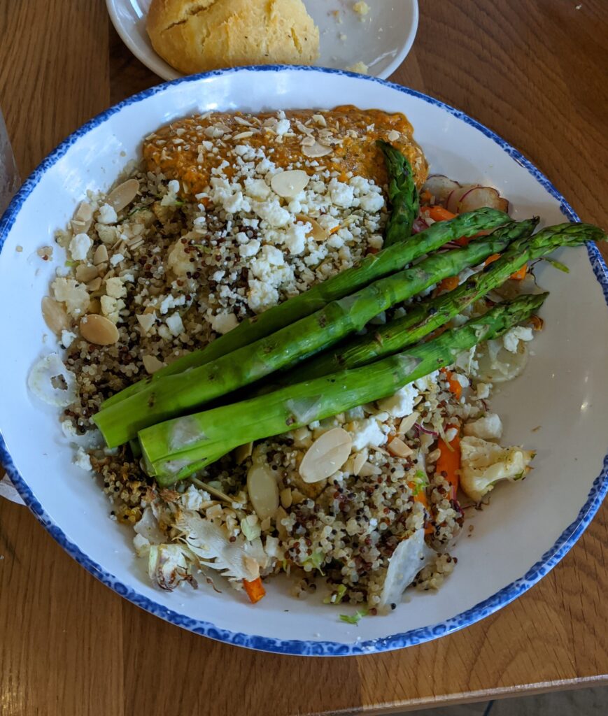 My healthy harvest bowl allowing me to enjoy the biscuit with less guilt. (I call it damage control.)